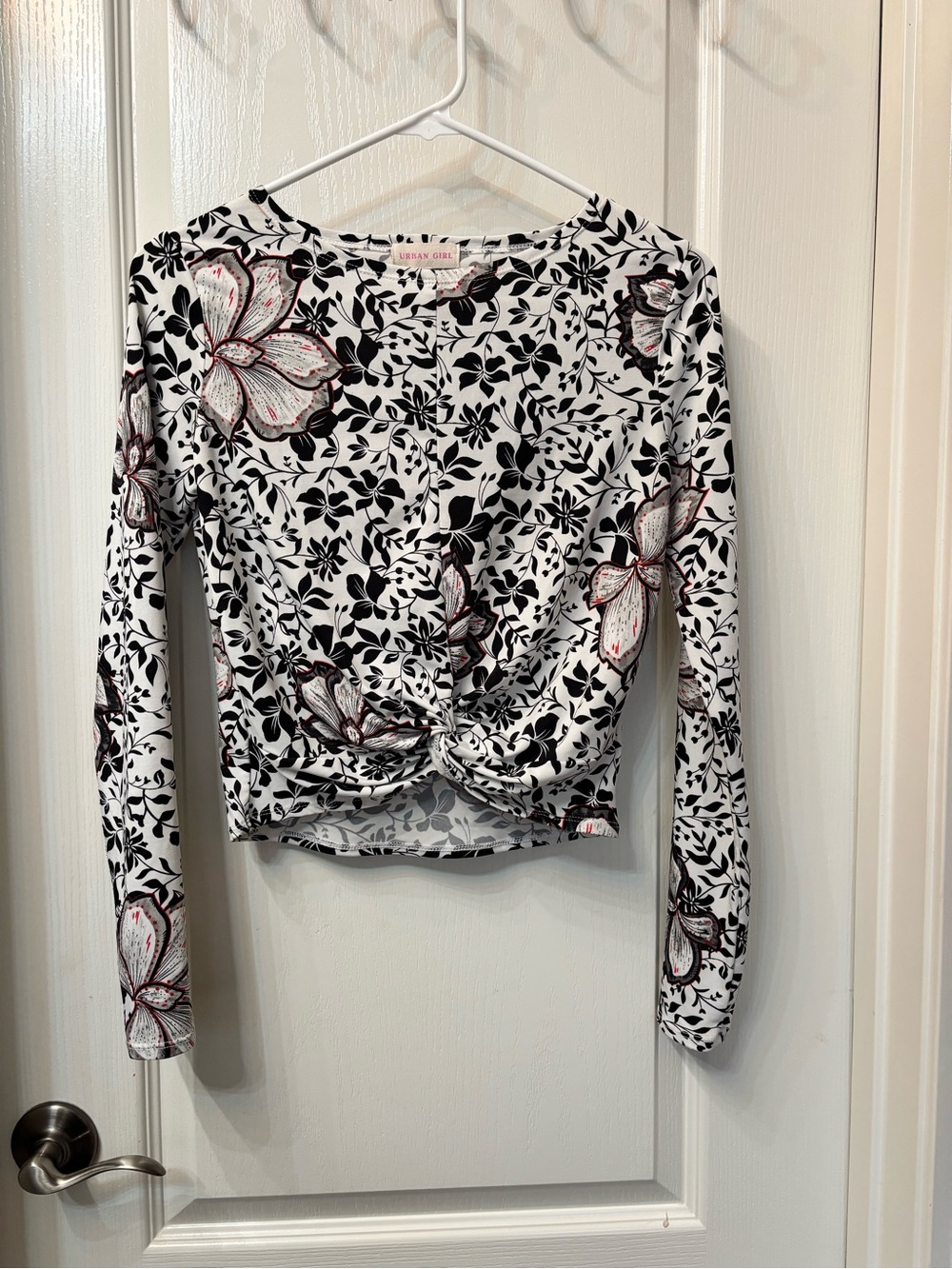 Floral Twist-Front Long Sleeve Top in White & Black with Pink Accents